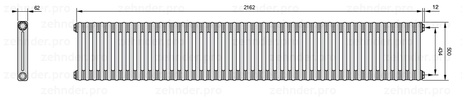 Схема (чертеж) Радиатор Zehnder Charleston 2050/47 №7610 Белый глянцевый RAL 9016